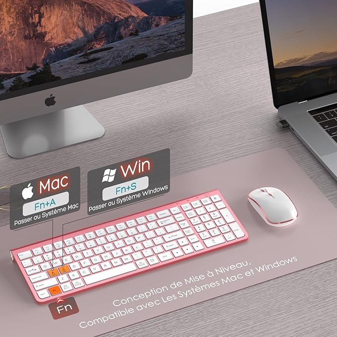 JOYACCESS Pink Wireless Keyboard and Mouse, Typewriter Keyboard Wireless, Ergonomic and Quiet Computer Mouse for for Desktop/PC/Laptop/Surface/Smart TV and Windows 10/8/ 7
