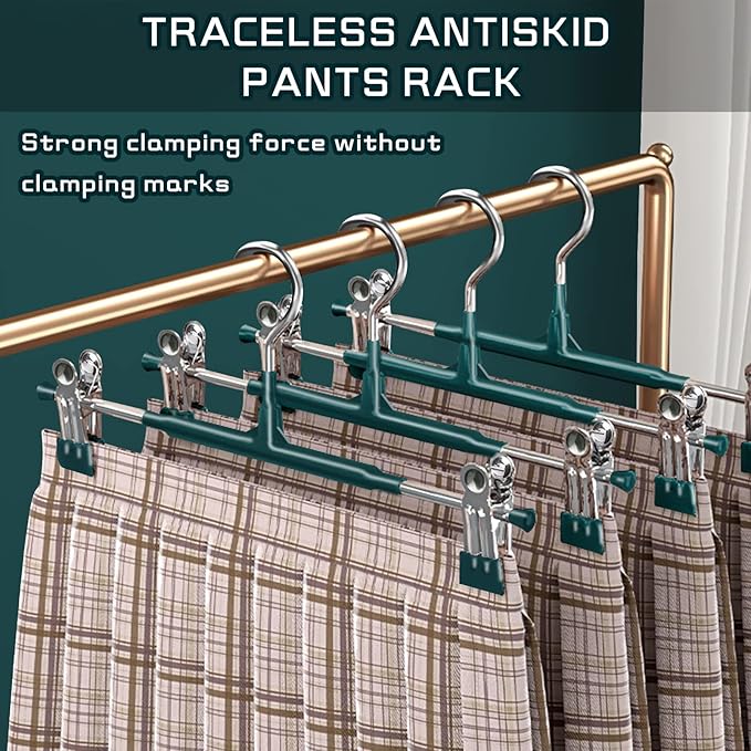 Pants Hangers with Clips 20 Pack Adjustable Skirt Hangers for Women Non-Slip Trousers Hanger for Jeans Clothes Hangers for Pants Heavy Duty Space Saving Shorts Hangers,Green,12Inch