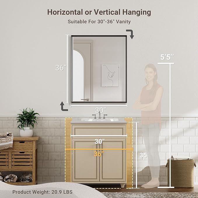 Black Framed Mirror for Bathroom, 30x36 Inch Black Rectangle Beveled Bathroom Vanity Mirror, Anti-Rust Matte Black Metal Frame Mirror for Wall, Vertical/Horizontal Wall-Mounted Mirrors