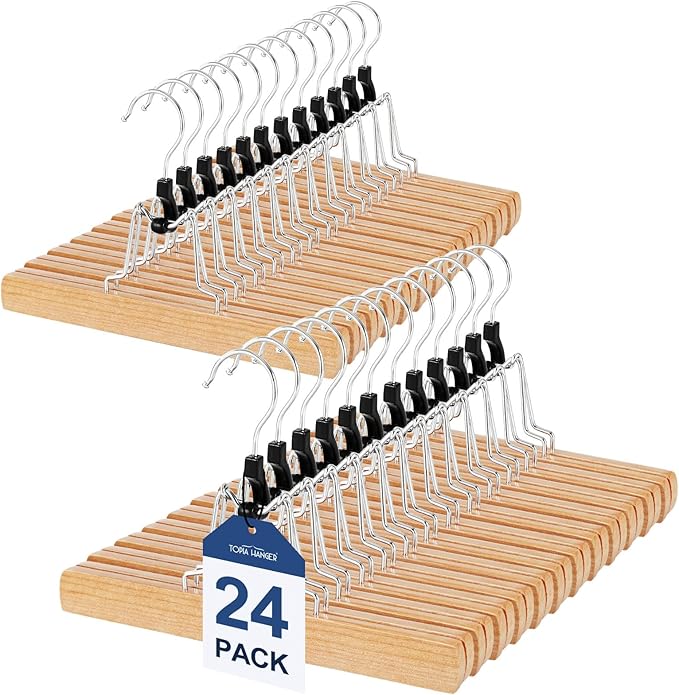 TOPIA HANGER 24 Pack Wooden Pants Hangers, Hair Extension Hangers Non Slip Skirt Hanger Wood Clamp with Velvet Padded 360° Swivel Hook for Jeans, Skirts, Trousers, Wigs Natural CT68N