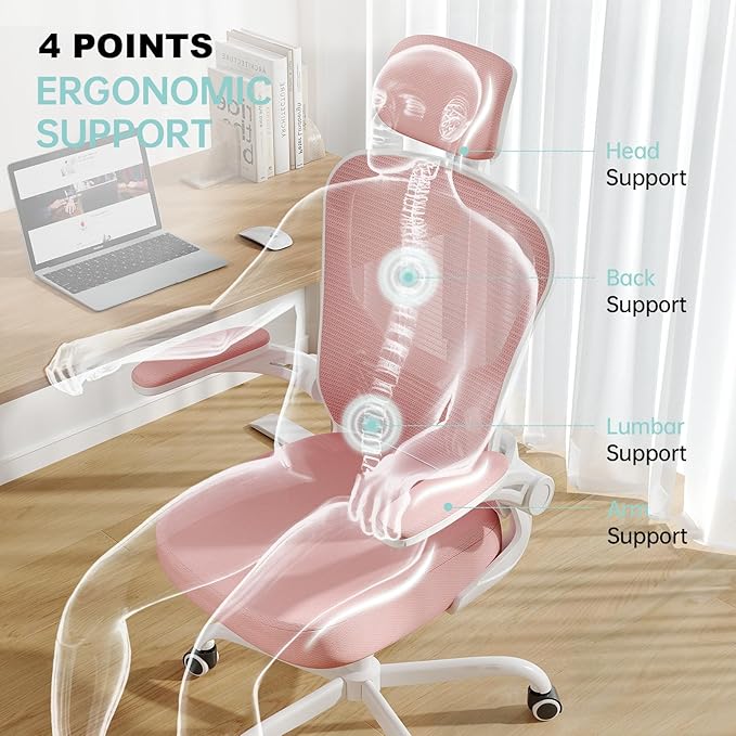 Office Chair Ergonomic Desk Chair, 330LBS Capacity, High Back Computer Chair for Long Hours Comfortable, Rolling Swivel Executive Task Chair for Home Office with Flip-up Armrests（White Pink）