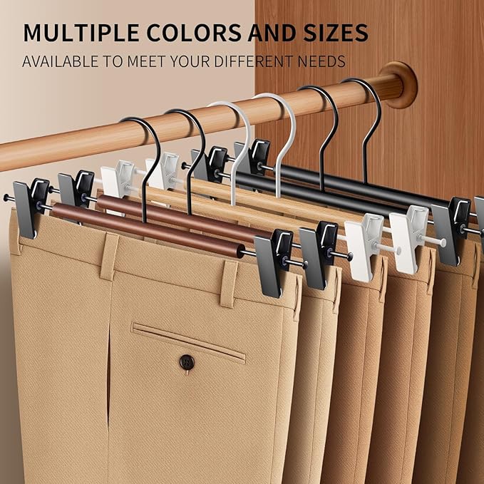 Wooden Pants Hangers with Clips 10 Pack Adjustable Wood Skirt Hangers for Women&Men Space Saving Closet Non Slip Clothes Hanger for Jeans,Trousers,Short,12Inch Brown