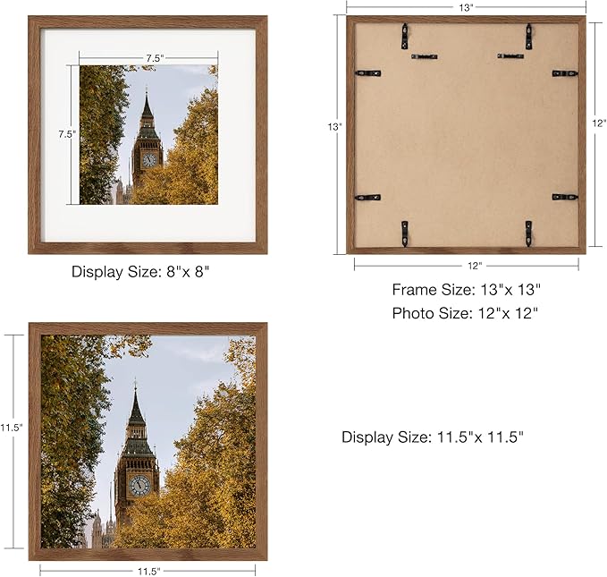 Axeman 12x12 Picture Frame with Mat for 8x8, Solid Oak Wood Square Picture Frame with Tempered Glass, Natural Wooden 12x12 inch Photo Frame for Wall Home Decor Art Photo and Prints, Walnut
