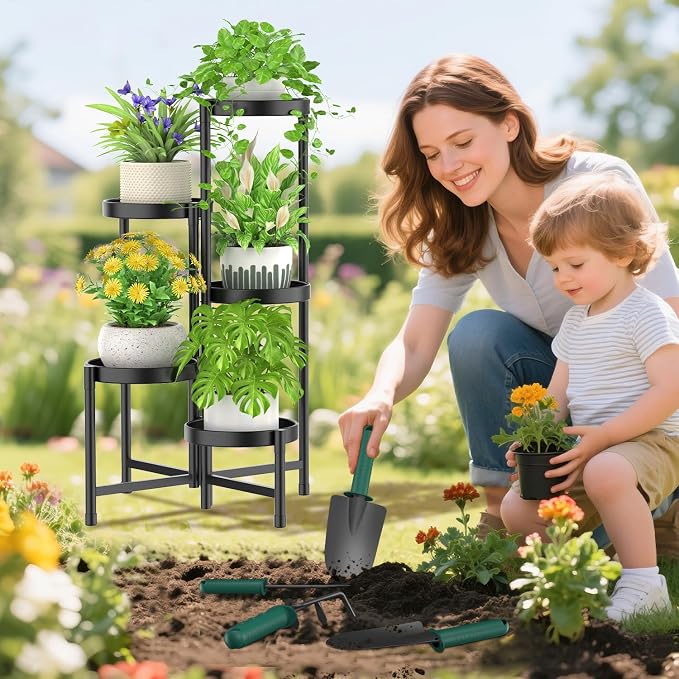 iDavosic.ly Plant Stand with Garden Tools, 5 Tier Corner Metal Flower Display Holder Shelf Indoor Outdoor, Folding Tall Orchid Rack for Patio Balcony Porch Living Room House, Black