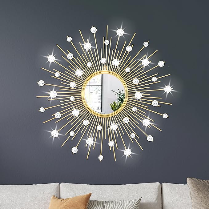 Gold Sunburst Mirror for Wall Decor Metal Sun Wall Mirror Decorative with Crystal Diamond for Living Room Bedroom Entryway Large Circle Mid Century Modern Starburst Wall Hanging 24 Inch