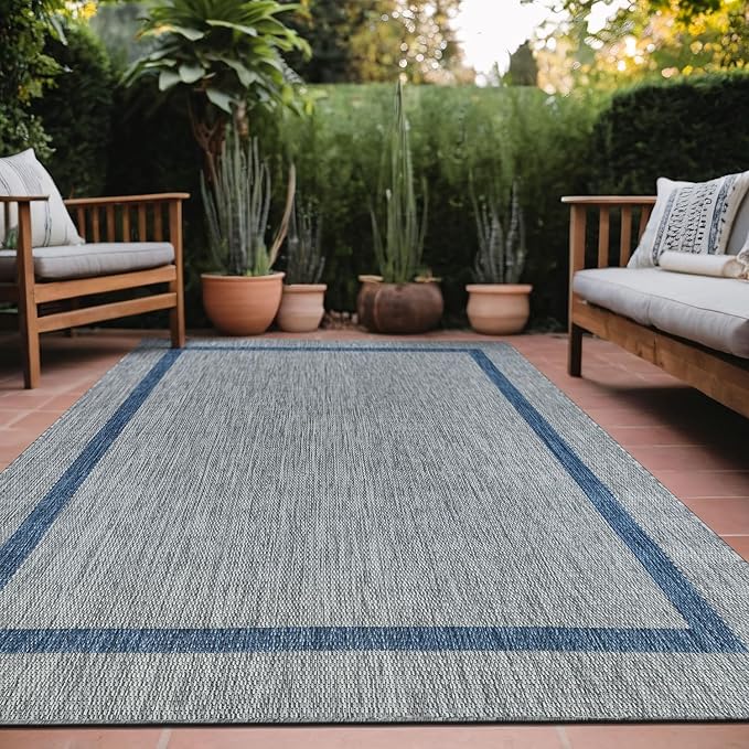 Bordered Outdoor Rug 6x9 Washable Outside Carpet for Indoor Patio Porch Waterproof Easy Cleaning Non Shedding Area Rugs Silver Gray - Blue 6 x 9