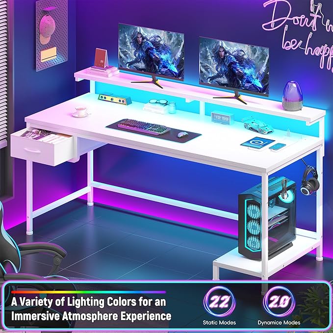 Computer Desk with Ergonomic Monitor Stand & CPU Stand,47.2" Gaming Desk with 1 Drawer & Power Outlet & LED Lights for Home Work, Bedroom Study and Gaming, Small Spaces,White