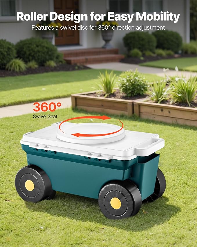 VEVOR Garden Scooter with Seat, 2 in 1 Rolling Garden Cart with Storage Bin, Supports up to 227 lbs, Outdoor Wagon with Handle, Lightweight Storage Gardening Stool for Yard Weeding Planting