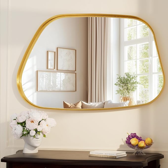Irregular Wall Mirror 26"x40" Bathroom Mirrors Asymmetrical Artistic Decorative for Living Room Bedroom Bathroom Hallway Entryway,Trapezoid,Gold