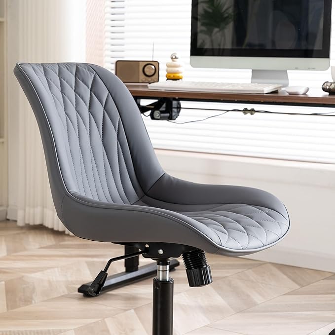 YOUNIKE Ergonomic Home Office Desk Chair Comfy Small Criss Cross Chair with Wheels Swivel Adjustable Modern Vanity Chair with Back Armless Cute Leather Upholstered Rolling Task Chair Dusty Blue