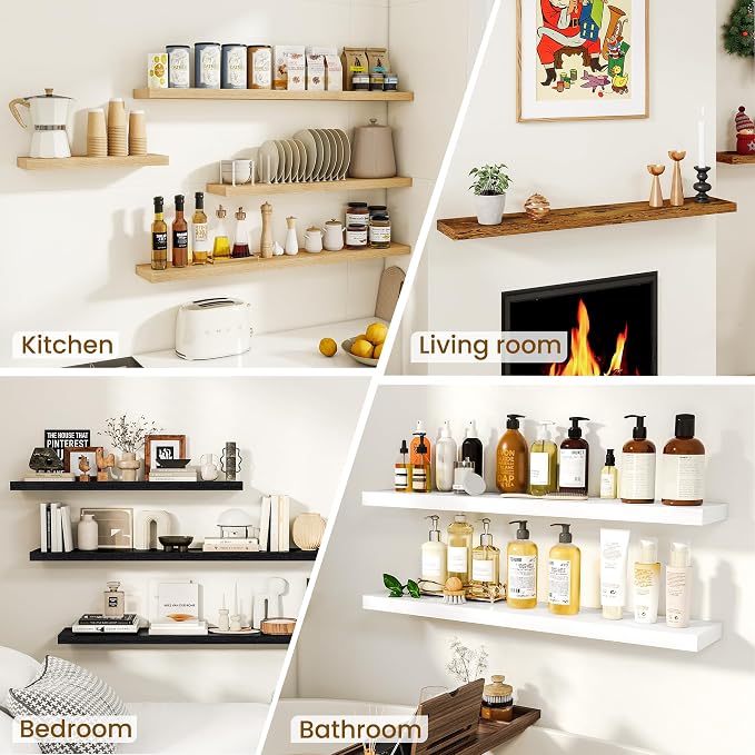 Dreamland 18" Floating Shelves, Rustic Wooden Black Wall Shelves for Bathroom|Bedroom|Kitchen, Deep Wall Mounted Book Shelf, Wood Storage Display Shelf for Home Decor, Set of 2