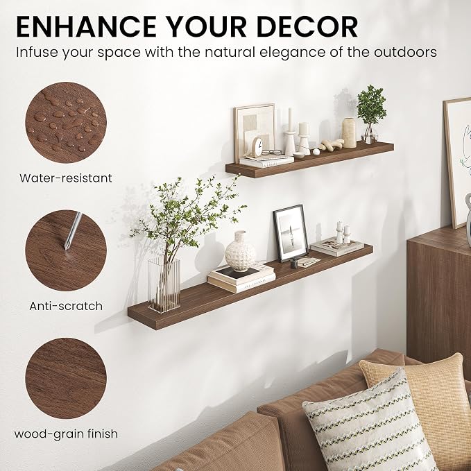 Heimlove 36 Inch Floating Shelves for Wall,Mounted Storage & Display Wood Shelves with Invisible Brackets,Hanging Shelf for Bedroom Living Room Kitchen Office,Set of 2,Walnut Color