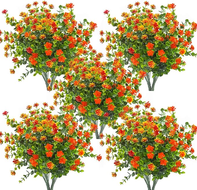 10 Bundles Artificial Fake Flowers, Faux Outdoor Plastic Plants UV Resistant Shrubs Outside Indoor Decorations (Orange-Eucalyptus)