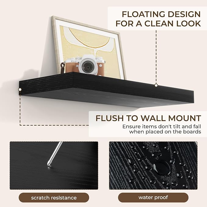 RICHFOCUS 24Inch Floating Shelves for Wall 2 Pack Shelves for Bedroom|Kitchen|Bathroom Wall Mounted Rustic Wood Floating Shelf with Invisible Brackets for Books|Storage|Decor, Black