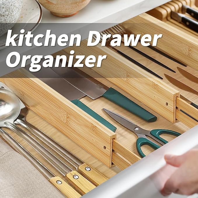 Bamboo Drawer Organizers 4 Pack, 17-22" Adjustable Spring Loaded Dividers