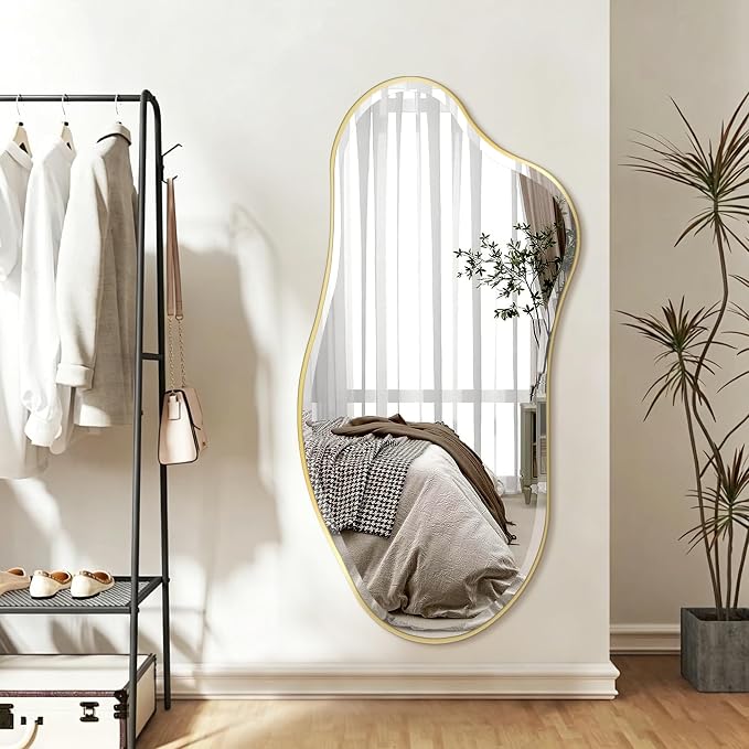 POZINO Irregular Beveled Mirror, 53"x26.5" Modern Organic Shaped Mirror with Metal Frame, Gold Asymmetrical Aesthetic Wall Mirrors for Bathroom Living Room Bedroom Entryway, Horizontal/Vertical