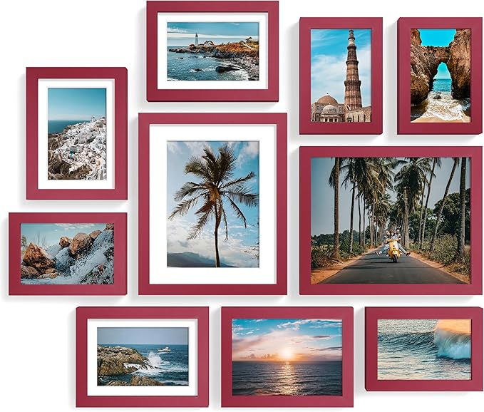 Vittanly 10 Pack Picture Frames Collage Wall Decor, Gallery Frame Set for Wall Mounting or Tabletop Display, Multi Sizes Including 2pcs 8x10, 4pcs 5x7, 4pcs 4x6, Red