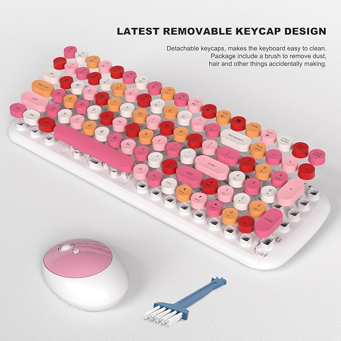 Wireless Keyboard and Mouse Combo, MOWUX - Modern Compact Layout, Colorful Compact Candy Mouse and Retro Round Keyboard Set with Cover, for PC/Laptop/Windows/Mac - White Pink Colorful