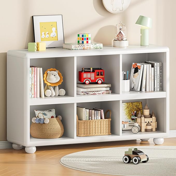 ONBRILL Wooden Bookcase with 6 Cube Storage, Kids Bookshelf with Sphere Foot, Sturdy Toy Storage Organizer, Safe Rounded Corners Bookcase for Living Room, Playroom, Nursery (White)