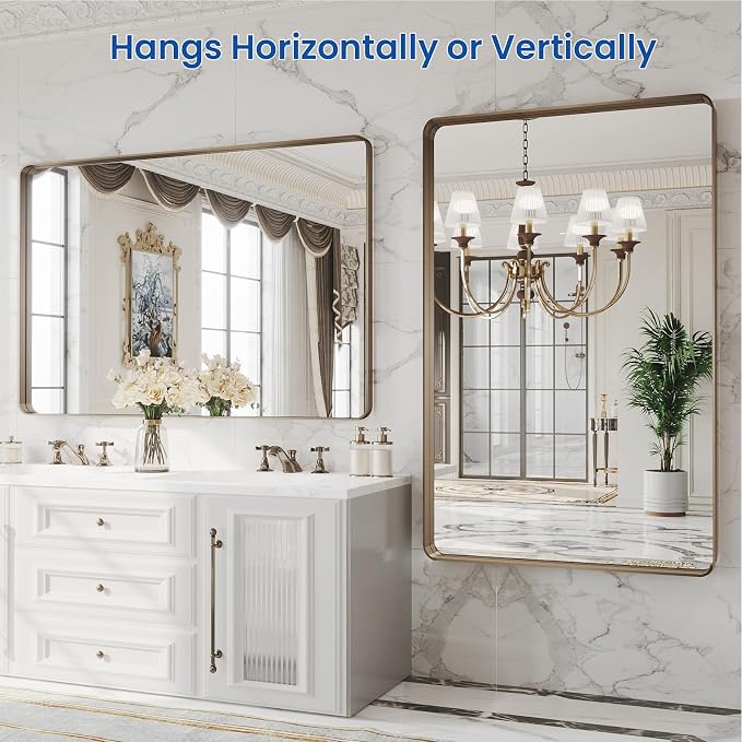 WEER Bronze Framed Modern Wall-Mounted Bathroom Mirror, 55"L x 36"W, Brushed Bronze Aluminum Frame, Shatterproof Tempered Glass, Rounded Rectangle, Horizontal/Vertical Mounting