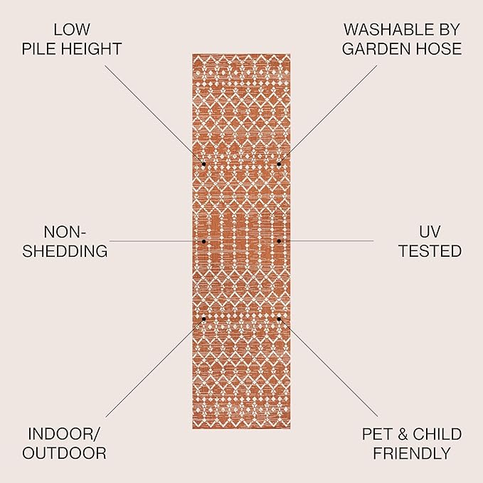 JONATHAN Y SMB108P-210 Ourika Moroccan Geometric Textured Weave Indoor Outdoor Runner Rug, Bohemian, Rustic, Scandinavian Easy Clean,Bedroom,Kitchen,Backyard,Patio,Non Shedding, Orange/Cream, 2 X 10