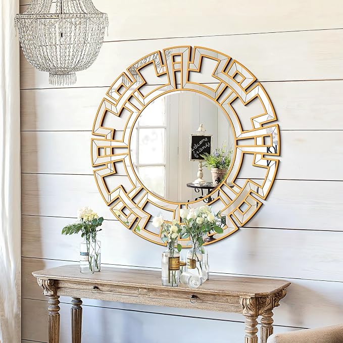 Chende Gold Mirror with Wooden Frame, 36'' Round Mirror for Wall Decorative, Large Wall Mirror for Living Room, Entryway, Fireplace