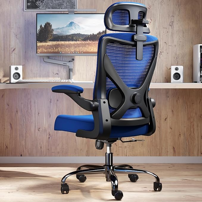 Ergonomic Office Chair - X-Shaped Computer Desk Chair Comfy, Gaming Chair, Office Chair with Lumbar Support, Mesh Office Chairs with Headrests, Desk Chair for Long Hours (Black Blue)