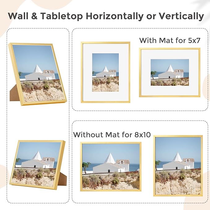 8x10 Picture Frame - Metal Frame With Mat 5x7 | 8 x 10 Aluminum Photo Frame | Plexiglass And Hanging Hardware Included | Black 8x10 Picture Frame | Gold