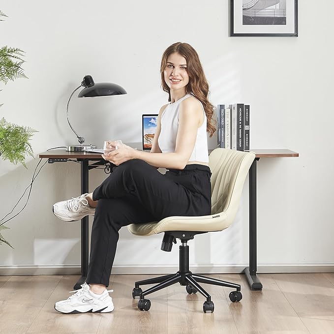 YOUTASTE Office Chair Armless Desk Chair Small Computer Swivel Rolling Chair with Wheels, Modern Upholstered PU Leather Computer Sewing Chair, Adjustable Home Office Desk Chairs, Beige