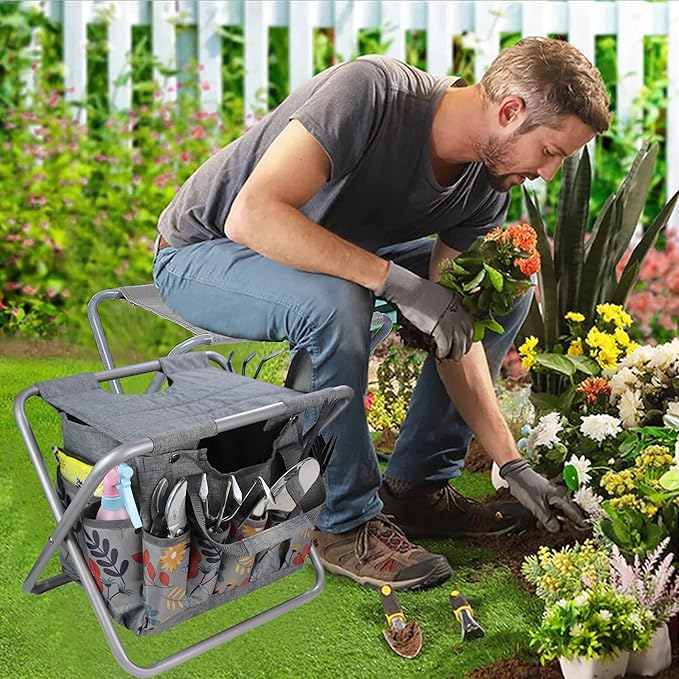MDSTOP Folding Gardening Stool with Detachable Storage Tote Bag, Gardening Tools Set Organizer for Fishing Outdoor Sports Hiking Camping Garden, Gardening Gifts for Mom/Dad, Without Tools (Aluminum)