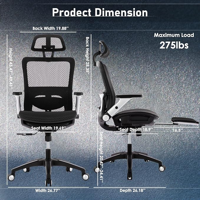 COLAMY Ergonomic Mesh Office Chair with Footrest, High Back Computer Executive Desk Chair with Headrest and 4D Flip-up Armrests, Adjustable Tilt Lock and Lumbar Support-Black