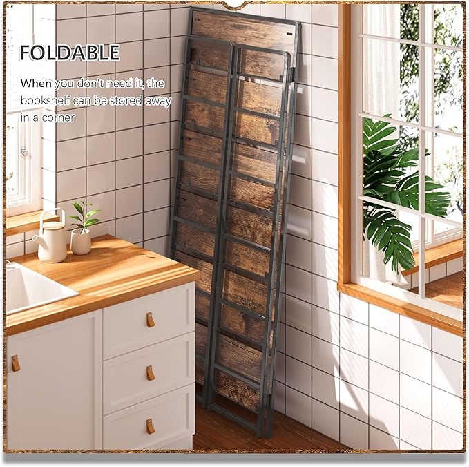 4NM No Assembly 6 Tiers Folding Bookshelf Storage Shelves Vintage Bookcase Standing Racks Study Organizer Home Office (Rustic Brown Black)
