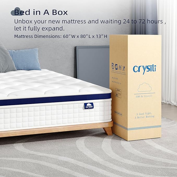 Crystli Queen Size Mattress, 13 Inch Hybrid Memory Foam Mattress, Innerspring Bed in A Box for Pressure Relief, Motion Isolation, Medium Firm, CertiPUR-US Certified
