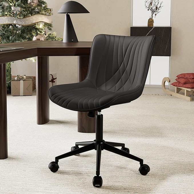 YOUTASTE Black Office Chair, Modern Armless Desk Chair with Back, Adjustable Swivel Rolling Faux Leather Task Chair with Wheels Metal Base for Home Office, Study, or Vanity