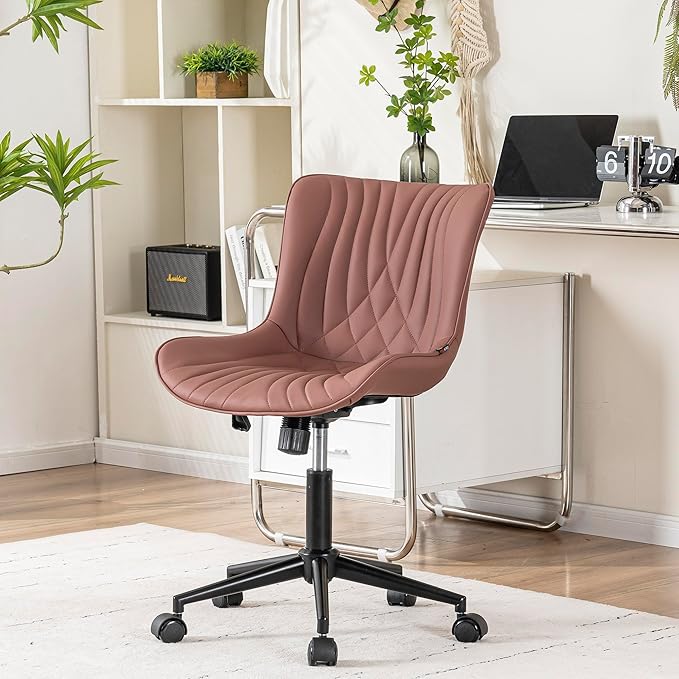 YOUNIKE Office Chair, Armless Desk Chair with Wheels, Adjustable Swivel Home Office Computer Task Chairs, Modern Faux Leather Upholstered Vanity Chair with Back, Dusty Rose