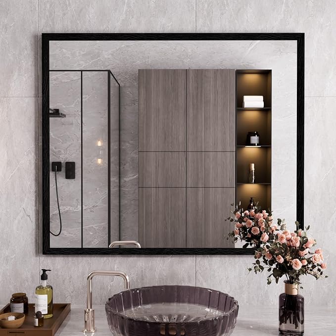 WEER Black Framed Mirror 36X30 Inch, Rectangular Matte Black Bathroom Vanity Mirror, Farmhouse Bathroom Mirror with Tempered Glass, Anti-Rust, Hangs Horizontal or Vertical