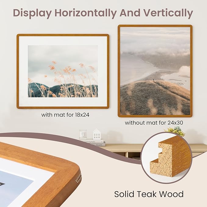 24x30 Frame - Solid Teak Wood 24x30 Poster Frame, 24''x30'' Puzzle Frame With Mat For 18x24, Tempered Glass and Hanging Hardware Included, Minimalist 24 x 30 Frame Wood, Natural Teak
