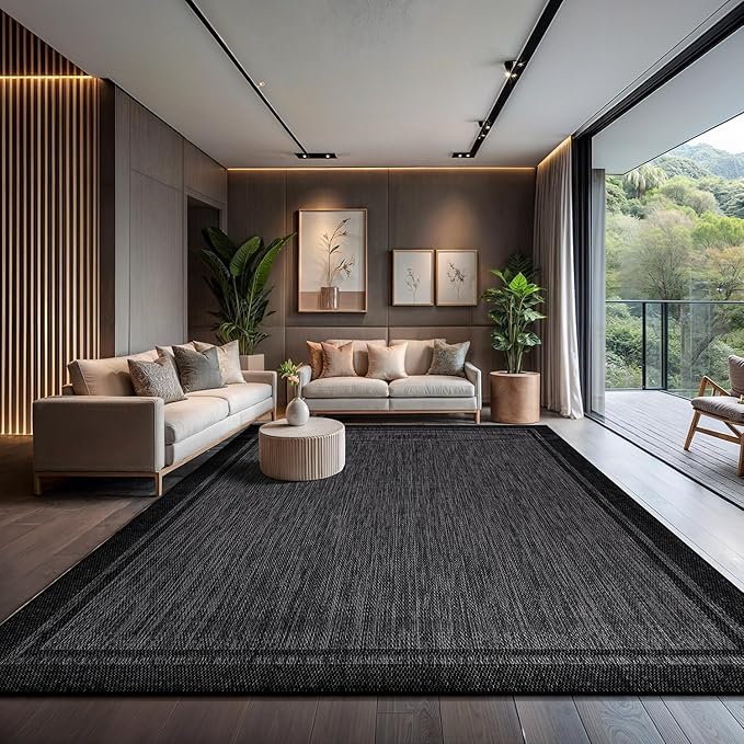 CAMILSON Indoor Outdoor Rug, 10x14 Bordered Dark Grey Black Modern Large Area Rugs for Indoor and Outdoor Patios, Kitchen and Hallway Mats, Washable Porch Deck Outside Carpet (Bordered Black, 10 x 14)