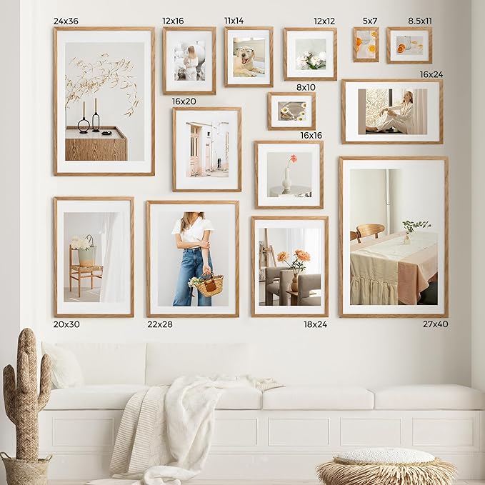 Axeman 16x24 Frame With Mat for 12x18, Solid Oak Wood 16x24 Poster Frame With Tempered Glass, 16 x 24 Picture Frame for Wall, 16 by 24 Wood Frame Home Decor, Hanging Hardware included, 2 PCs, Natural