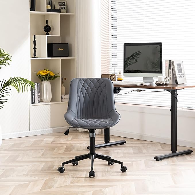 YOUNIKE Ergonomic Home Office Desk Chair Comfy Small Criss Cross Chair with Wheels Swivel Adjustable Modern Vanity Chair with Back Armless Cute Leather Upholstered Rolling Task Chair Dusty Blue