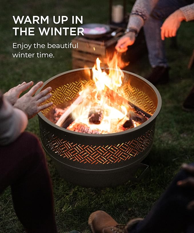 26 inch Fire Pit with Grill & Lid, Firepits for Outside Wood Burning Fire Pit Table with Fire Poker, Multifunctional Outdoor Fire pits for BBQ, Table, Bonfire, Camping, Backyard, Patio, Picnic