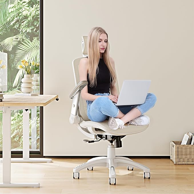 GABRYLLY Ergonomic Office Chair, High Back Home Desk Chair with Headrest, Flip-Up Arms, 90-120° Tilt Lock and Wide Cushion, 400LBS Mesh Chairs for Man Woman, White Task Chair(Beige,GY01WBG)