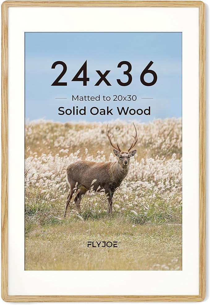 24x36 Poster Frame - Solid Oak Wood 24 x 36 Picture Frame, 24''x36'' Frame With Mat For 20x30, Tempered Glass and Hanging Hardware Included, Minimalist 36 By 24 Photo Frame Wood, Natural Oak