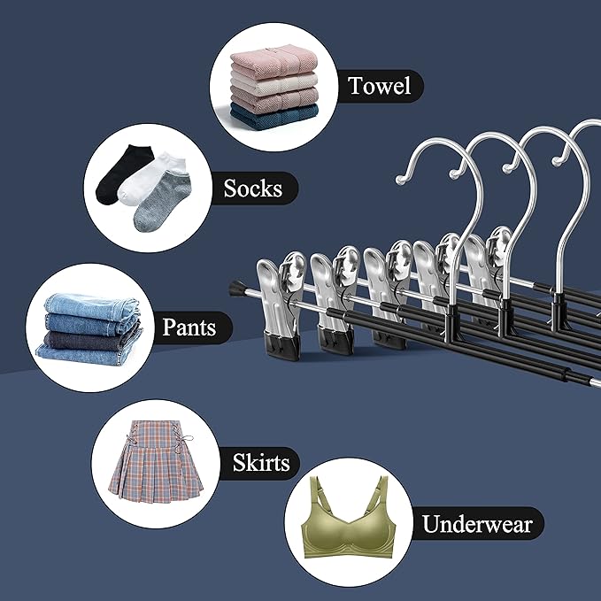 Pants Hangers with Clips 10 Pack Adjustable Skirt Hangers for Women Non-Slip Trousers Hanger for Jeans Clothes Hangers for Pants Heavy Duty Space Saving Shorts Hangers,Black,12Inch