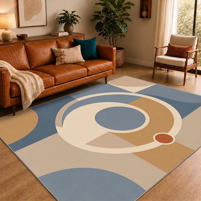 Mid Century Area Rug 6x8, Home Decor | Dusty Blue Camel Mod Orbit, Modern Abstract Circle Rug for Living Room, Bedroom, Home Office, Non Slip, Washable, Low Pile