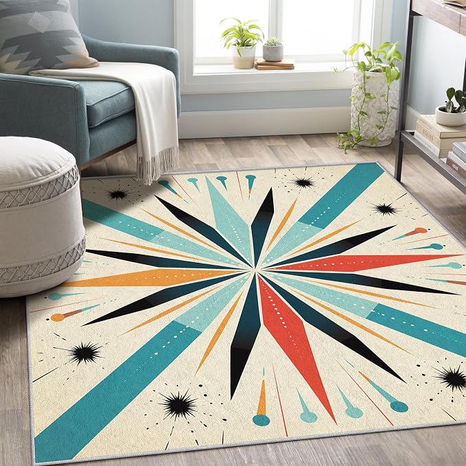 Mid Century Modern Rug 4x5, Washable Retro Sun Rugs for Living Room Bedroom, Atomic Geometric Area Rug for Home Decor, Non Slip Backing Floor Carpet with Gripper - 4 x 5 ft