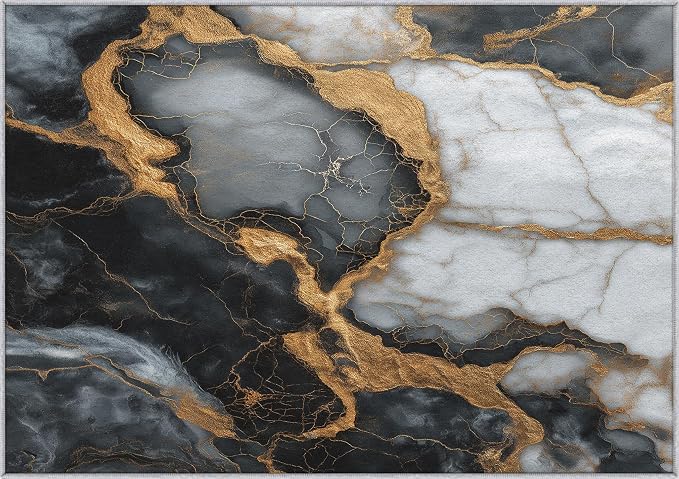 Black White Gold Marble Area Rug, Modern Abstract Pattern Carpet, Washable Non Slip Low Pile Soft Thin, Living Room Bedroom Home Decor Mat 4x5ft