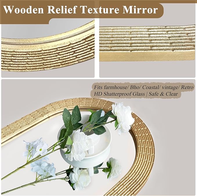 WAMIRRO Gold Oblong Wood Mirror, 47X16 Inch Hand Carved Solid Wood Capsule Frame Oval Mirror for Wall Mount, Farmhouse Boho Decor for Living Room, Bathroom, Bedroom, Hallway & Entryway