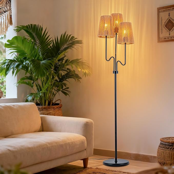 MAYNA 68" Boho Rattan Floor Lamp, 3-Light Black Tree Floor Lamp with Hand-Woven Wicker Shades, Tall Standing Lamp with Foot Switch for Living Room, Bedroom, Nursery, Rustic Farmhouse Decor