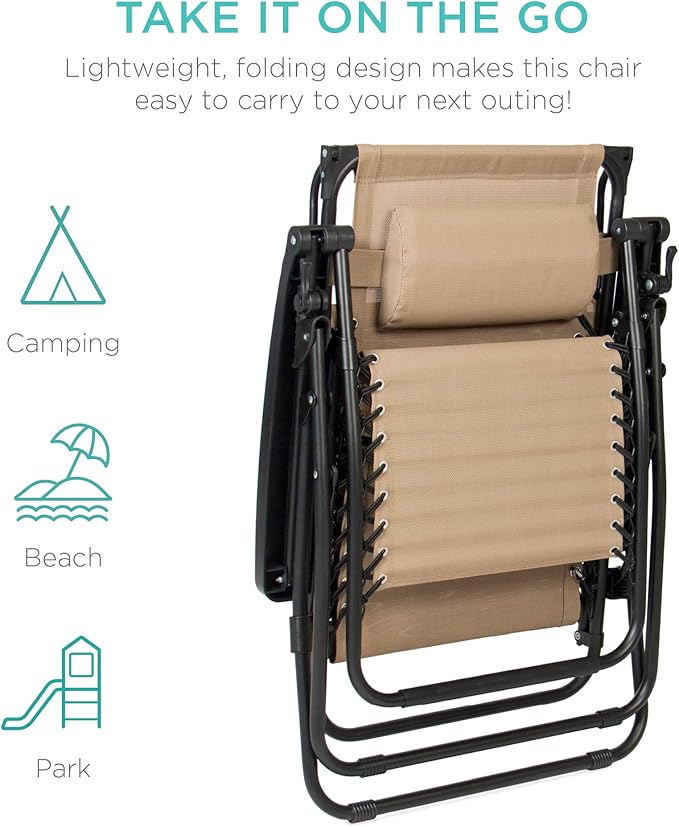 Best Choice Products Folding Zero Gravity Outdoor Recliner Patio Lounge Chair w/Adjustable Canopy Shade, Headrest, Side Accessory Tray, Textilene Mesh - Beige